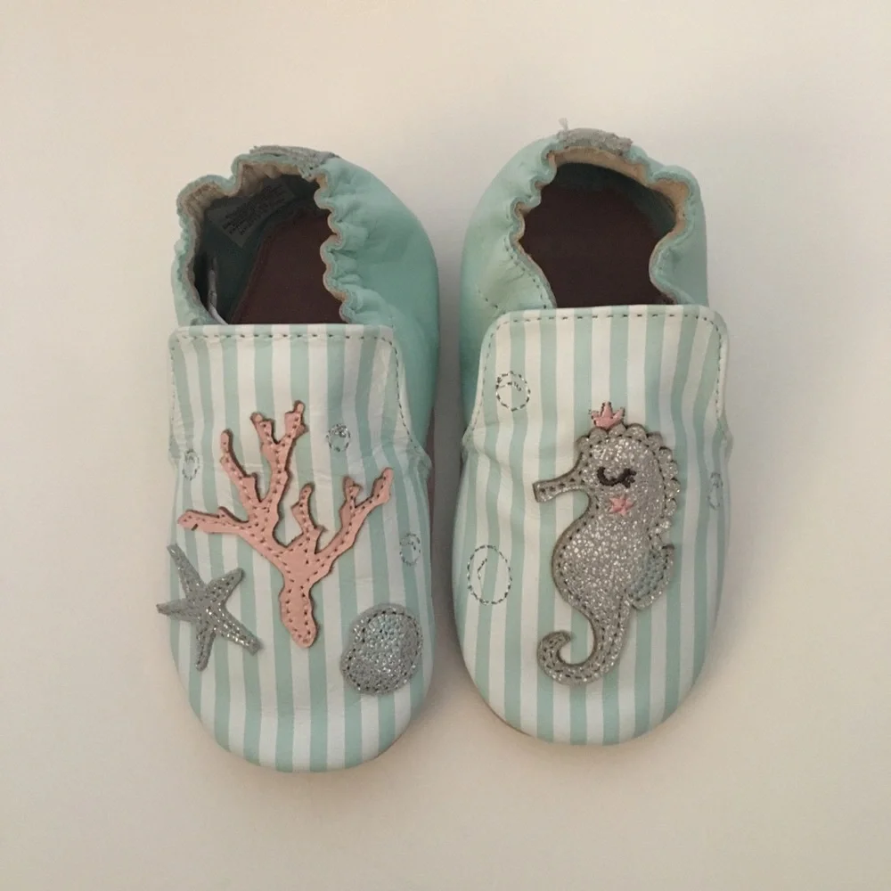 Robeez Soft Soles Baby Shoes in Mint Stripe with Seahorse & Coral 18-24M